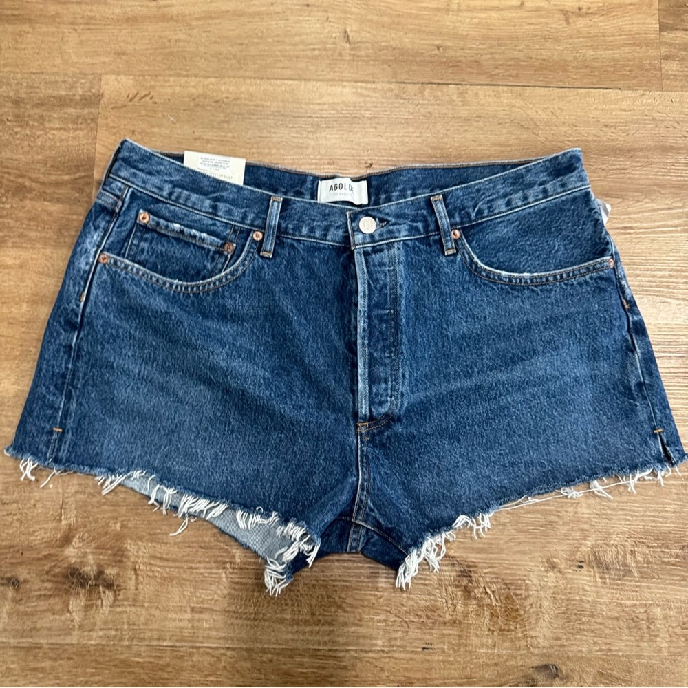 Agolde Parker Cut-Off Jean Shorts Dark Wash Caution Denim‎ Sz 32 Summer Festival